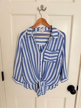 Vixbe Tie-Front Button-Up Shirt- Blue&White